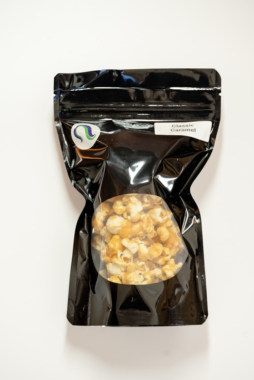TBC Creations Classic Caramel corn small bag with round window, front view