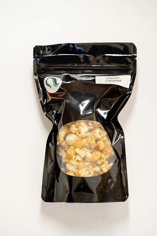 TBC Creations Classic Caramel corn small bag with round window, front view